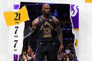 携手发力!湖人官方发布詹姆斯和东契奇本场数据海报 - 资讯配图