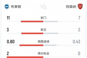 阿森纳1-0布莱顿数据：射门7-11，射正2-3，得分机会0-2，角球3-4 - 资讯配图