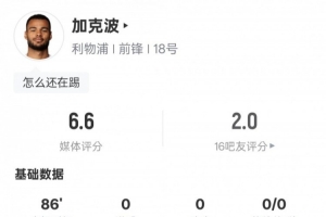 加克波本场数据：1射门0射正2关键传球3地面对抗成功，评分6.6 - 资讯配图
