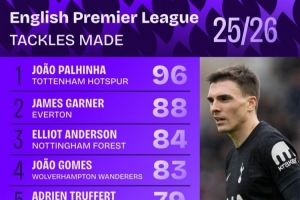 本赛季英超抢断次数榜：帕利尼亚96次居首，加纳88次第二 - 资讯配图