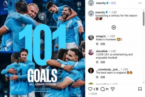 本赛季45场各项赛事打进101球，曼城晒海报庆祝进球破百 - 资讯配图