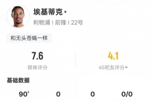 埃基蒂克本场数据:5过人成功1关键传球+错失1进球机会,评分7.6 - 资讯配图