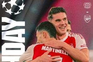 阿森纳发布欧冠客战勒沃库森海报：约克雷斯、马丁内利出镜 - 资讯配图