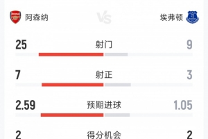 阿森纳2-0埃弗顿全场数据：射门25-9，射正7-3，得分机会2-2 - 资讯配图