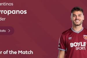 头球扳平，英超官方：马夫罗帕诺斯当选西汉姆1-1曼城全场最佳 - 资讯配图