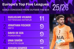 本赛季五大联赛门将禁区外失球榜：维卡里奥11球最多，德赫亚9球 - 资讯配图