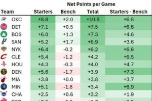 首发替补净效率差:湖人+6.7第五 骑士+6.5第八 火箭+4.7第九 - 资讯配图