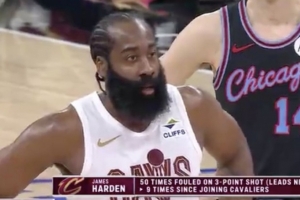 哈登本赛季50次造成三分球犯规领跑全联盟 加入骑士之后已经9次 - 资讯配图