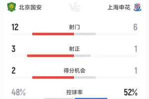 国安1-1申花全场数据：射门12-6，射正3-1，控球48%-52% - 资讯配图