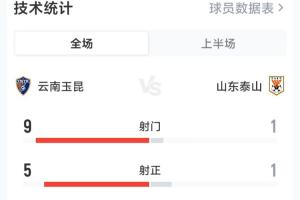 玉昆半场3-0泰山数据：射门9-1射正5-1，控球率43%-57% - 资讯配图