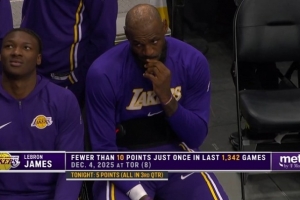 目前仅拿到5分！詹姆斯坐在场边咬手指 若有所思 - 资讯配图