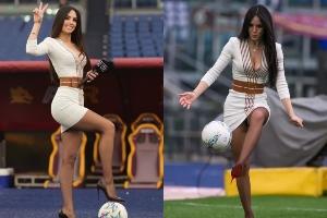 脚法如何？26岁DAZN美女主持穿连衣裙+高跟鞋在罗马主场踢球⚽️ - 资讯配图